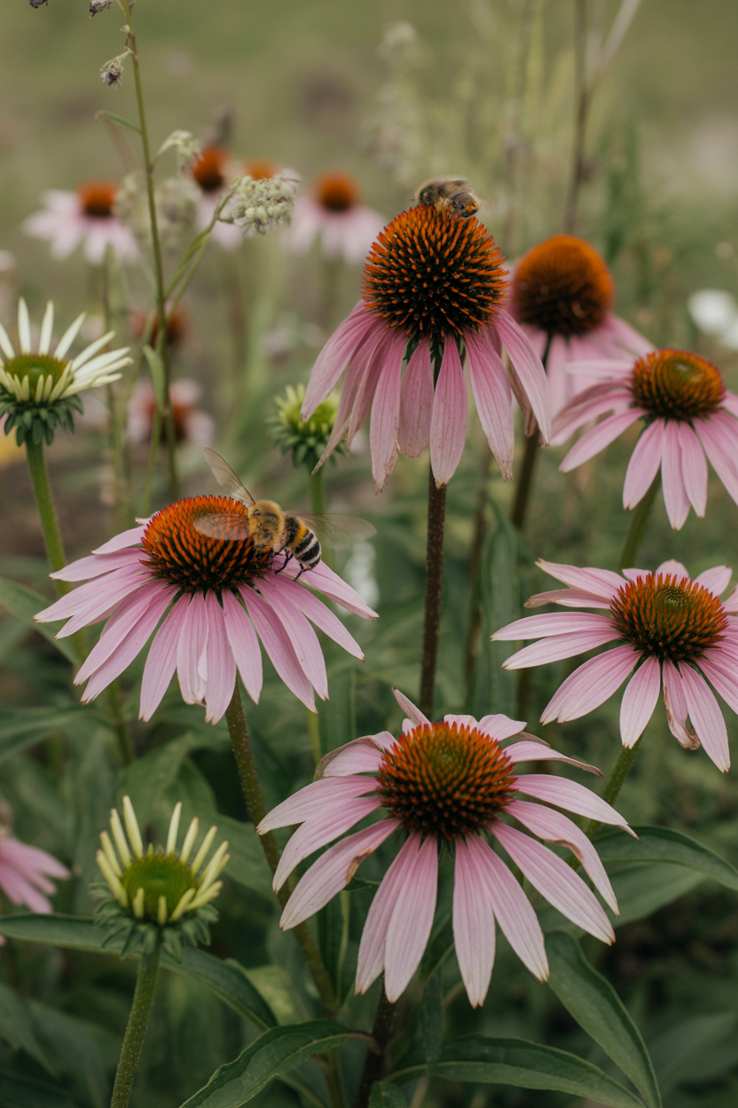 Echinacea flowers thriving in a full sun summer garden, attracting pollinators