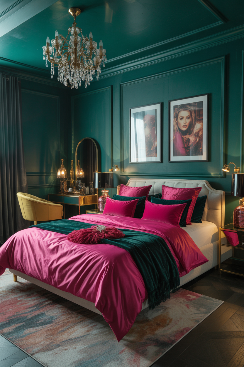 Bold emerald green and hot pink bedroom with velvet pillows and gold accents for a maximalist aesthetic