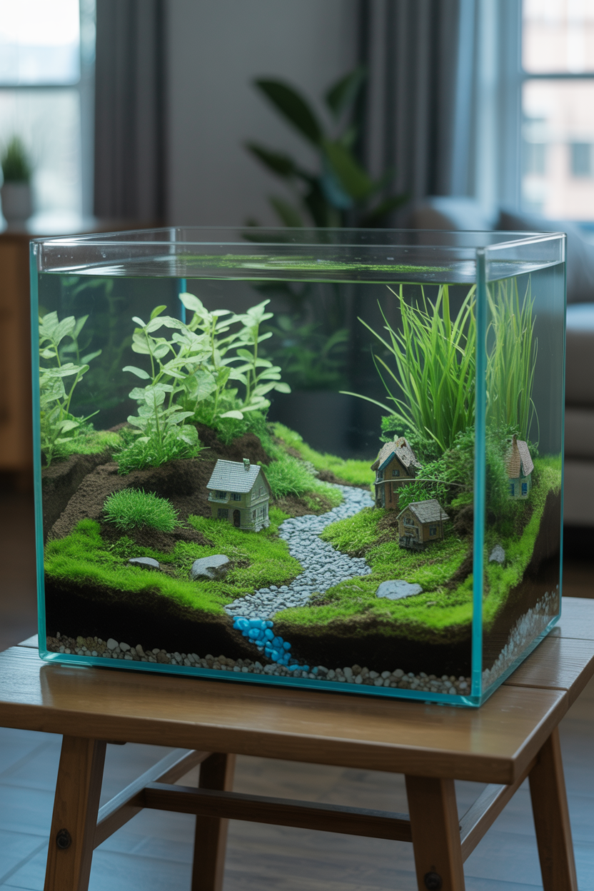 Large aquarium converted into fairy garden village with multiple plants and miniature houses