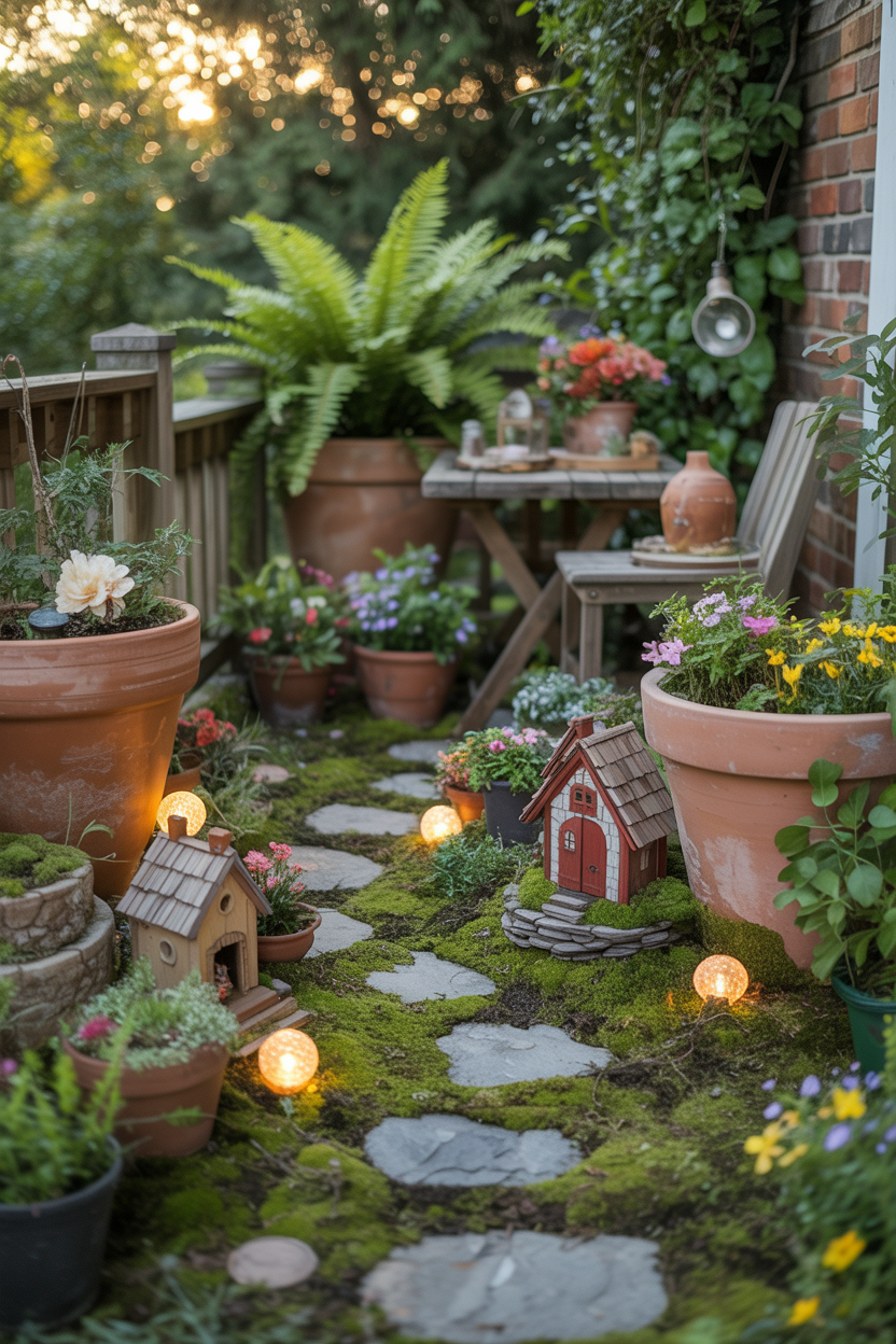 Beautiful patio fairy garden with miniature houses, glowing lights, flowers, and decorative garden pathways