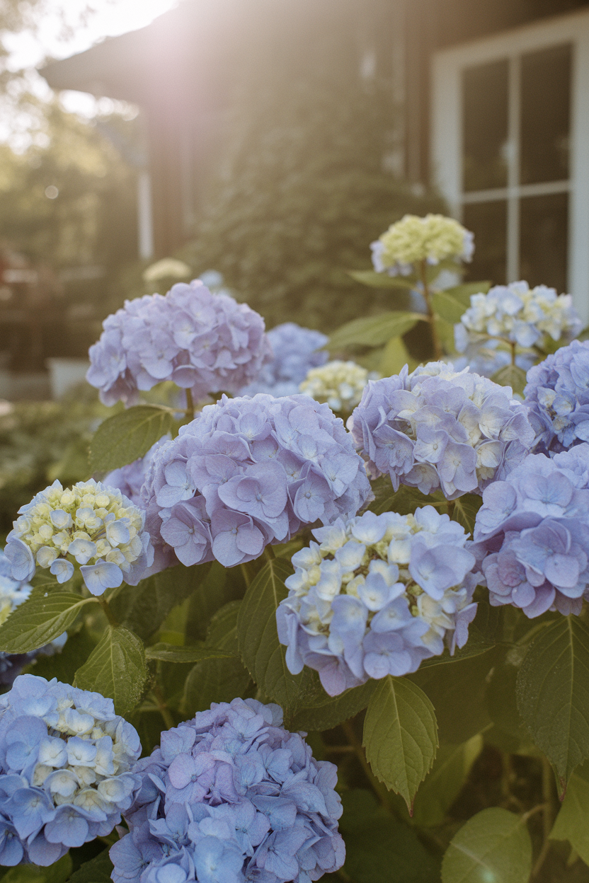 Endless Summer hydrangea with blue and pink blooms in a low-growing cottage garden front yard bed