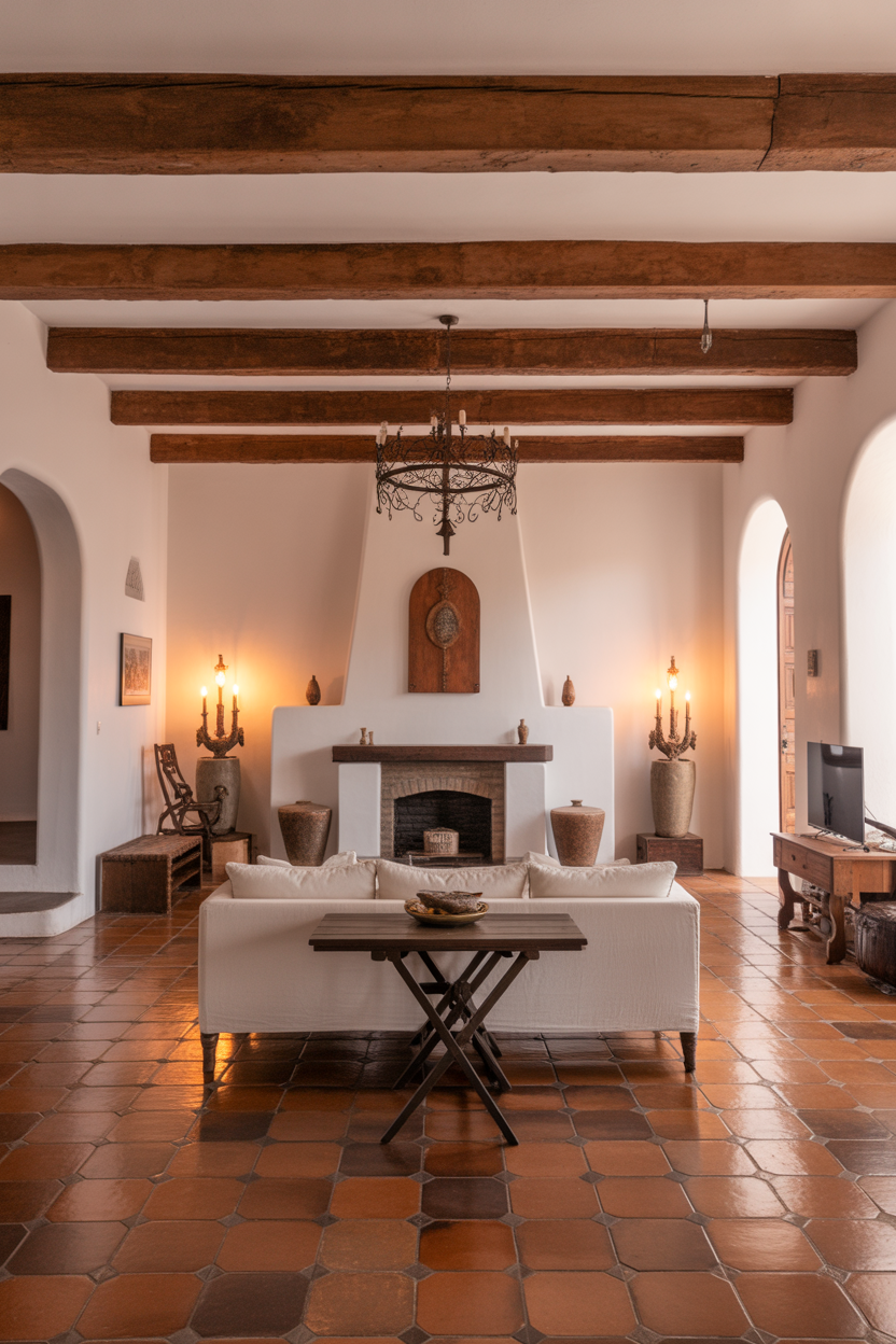 Exposed reclaimed wooden ceiling beams in a Mexican hacienda-style living room with a wrought iron chandelier and terracotta floors