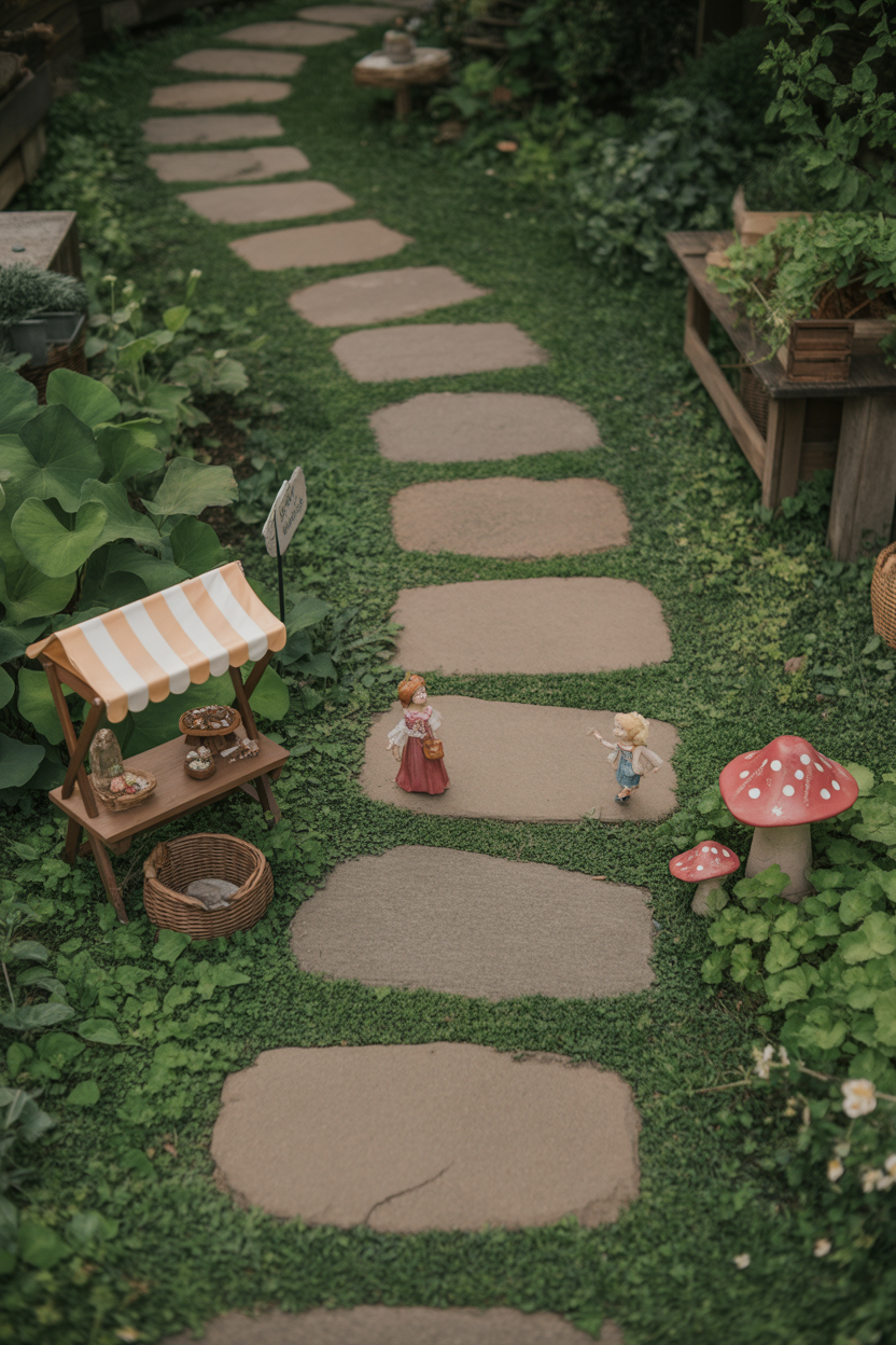 A garden path lined with small fairy garden vignettes, including a tiny market stall and a mushroom ring between stepping stones