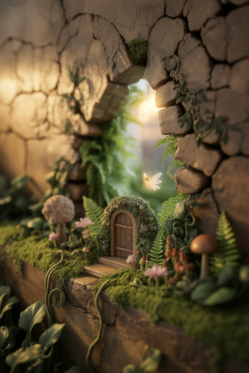 Fairy garden ideas in pots and backyard with miniature houses, moss, and glowing lights