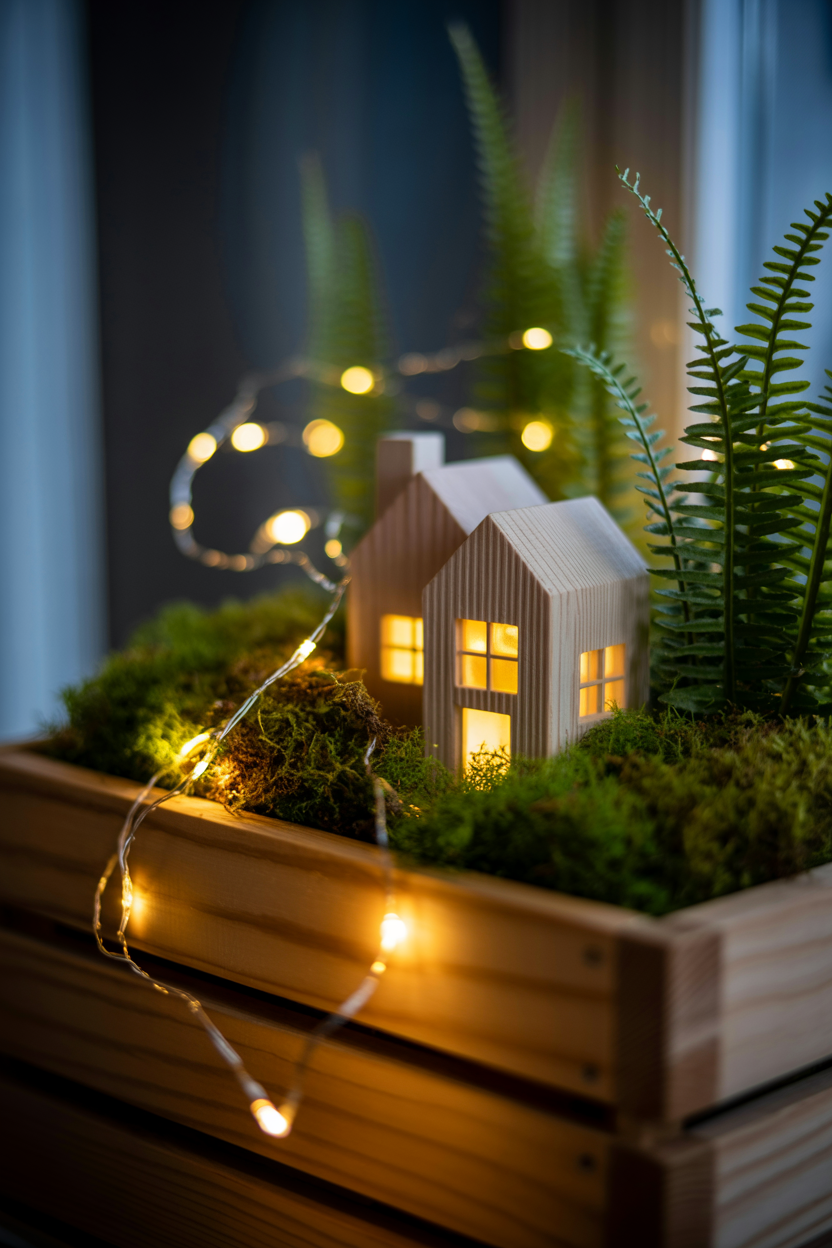 Indoor fairy garden with LED string lights creating a glowing, magical effect at night