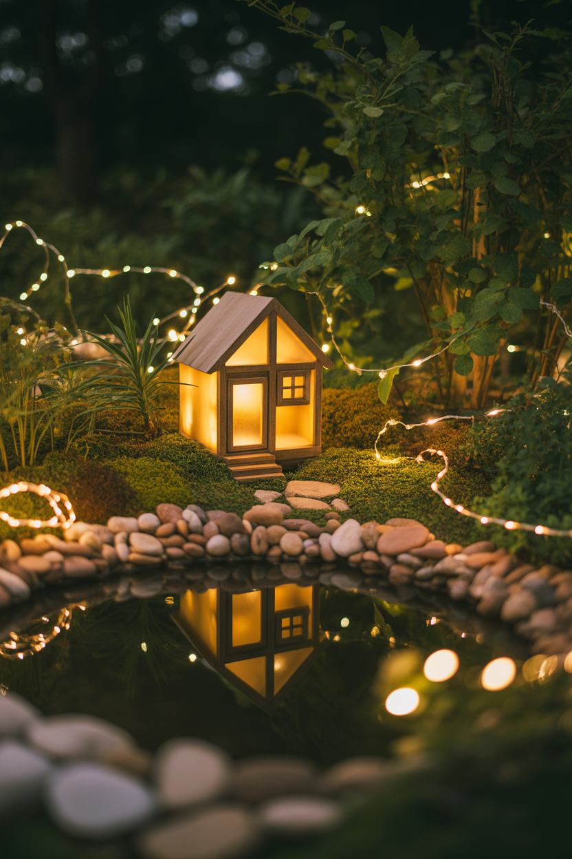 A fairy garden lit up at night with warm LED fairy lights, a glowing tiny cottage, and reflective pebbles creating a magical atmosphere