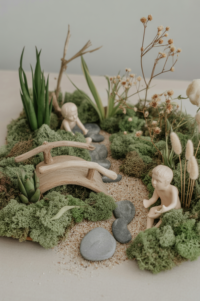 A zero-maintenance fairy garden made with preserved moss, driftwood, decorative sand, and miniature figurines — no live plants needed