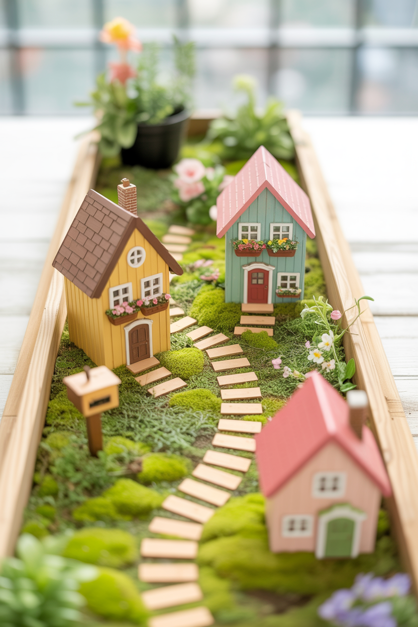 Miniature fairy neighborhood in a rectangular planter box for small patio outdoor spaces