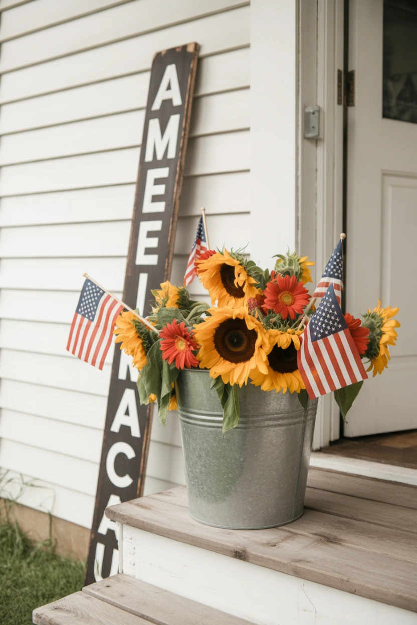 Farmhouse 4th of July decor with a galvanized bucket of sunflowers and flags on a weathered porch step