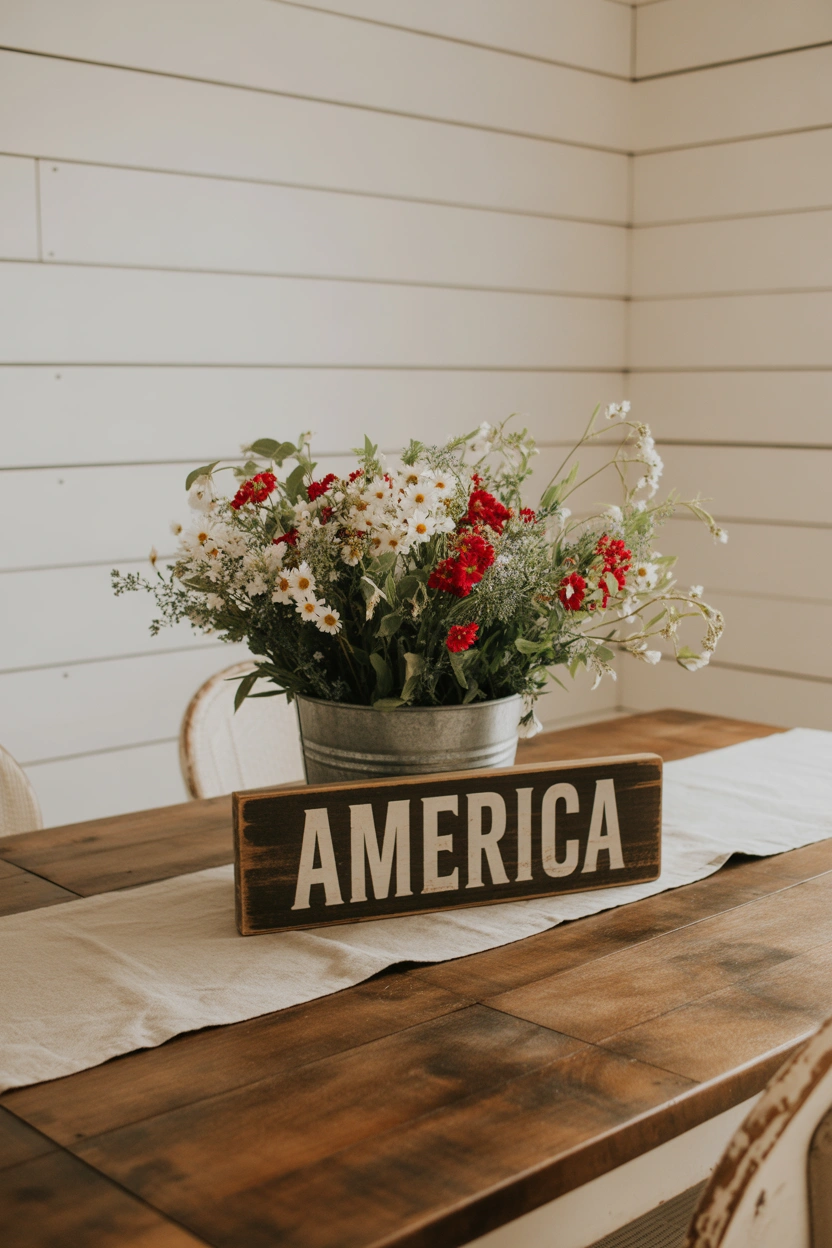 Farmhouse 4th of July home decor with galvanized bucket, wildflowers, and shiplap wall for patriotic Independence Day styling
