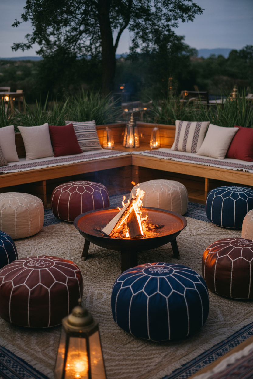 Fire pit with Moroccan-style seating and poufs in a bohemian garden evening