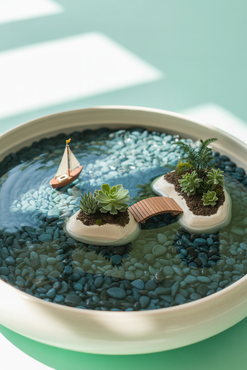 Floating island fairy garden in a wide bowl with blue glass water and plant islands