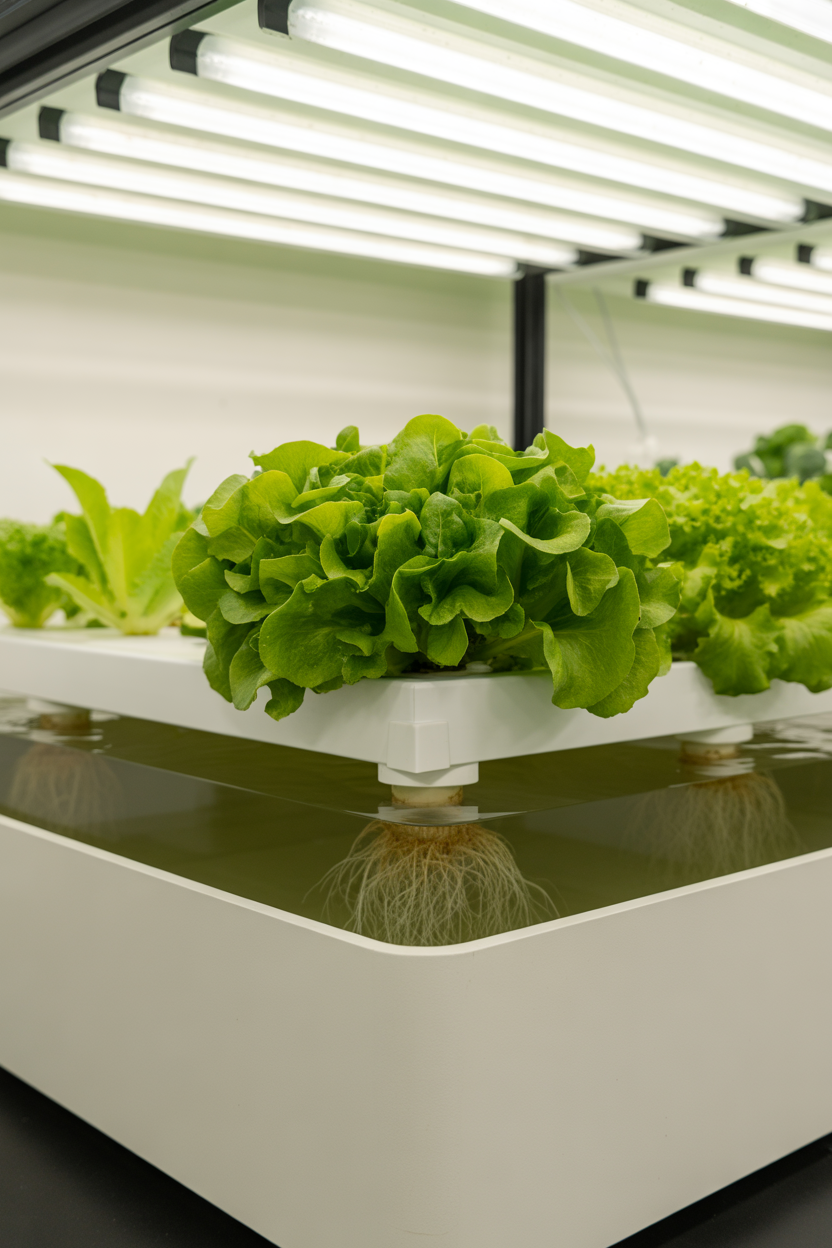 Floating raft hydroponic system growing lettuce and leafy greens indoors