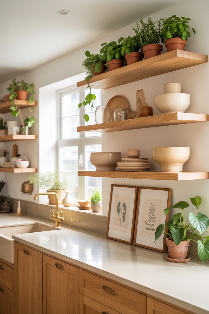 Floating kitchen shelves with an indoor herb garden and modern décor
