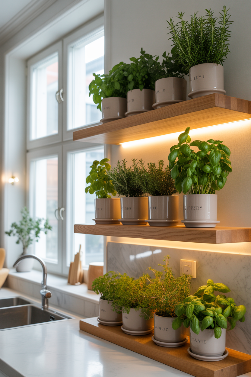 Tiered floating shelf herb garden near kitchen window with matching white ceramic pots