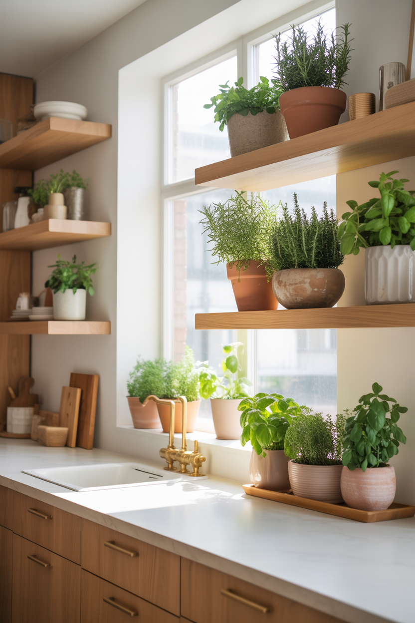 Floating wooden shelves with terracotta herb pots near kitchen window for a DIY indoor herb garden