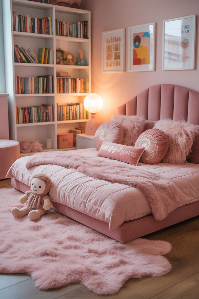 Montessori-style floor bed covered in mixed pink throw pillows in a cozy maximalist kids' bedroom
