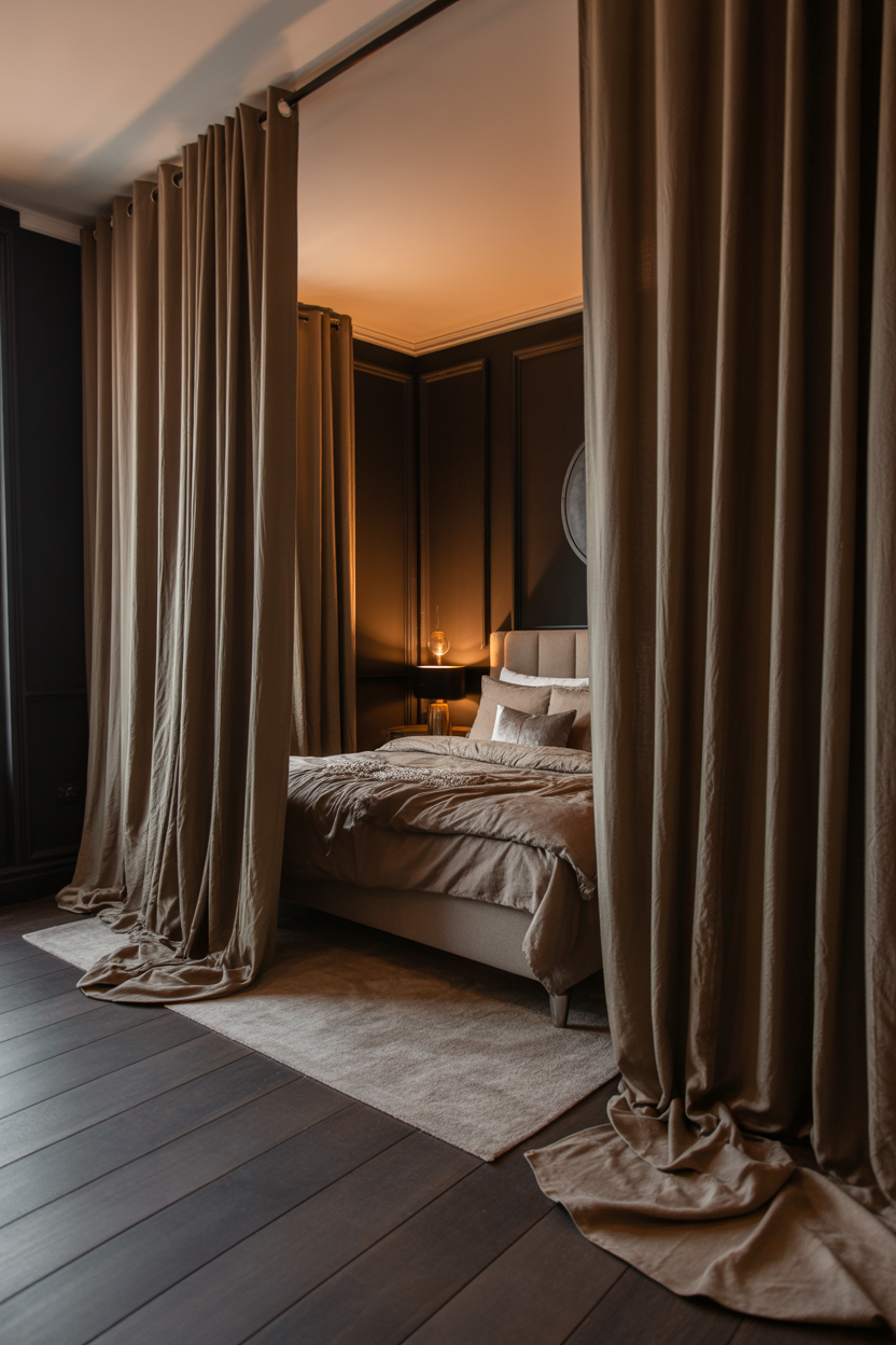 Floor-to-ceiling sheer curtains hung with a tension rod in a small rental bedroom to create an illusion of taller ceilings