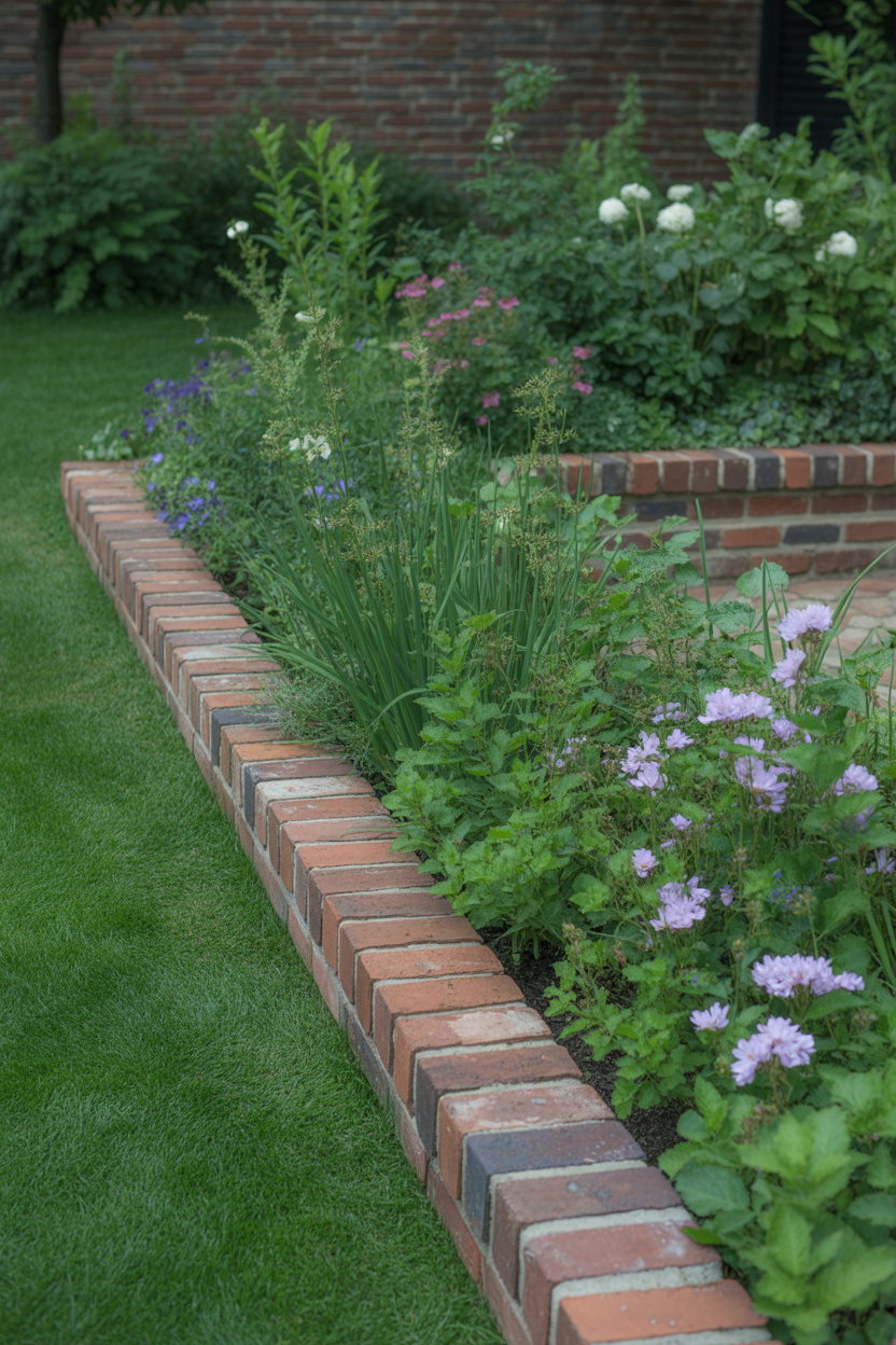 Neatly edged summer flower bed with reclaimed brick edging and perennial plants