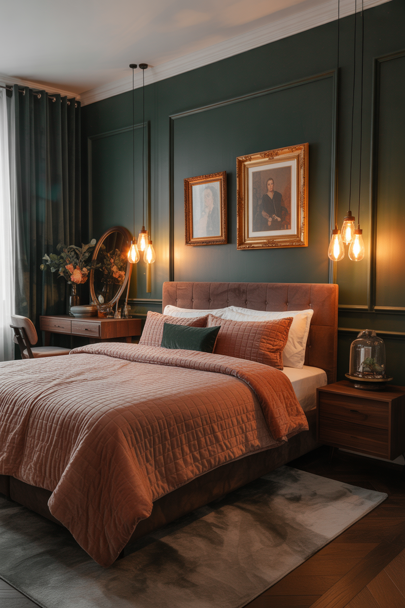 Moody forest green and dusty rose bedroom with velvet bedding and warm lighting for a cozy aesthetic