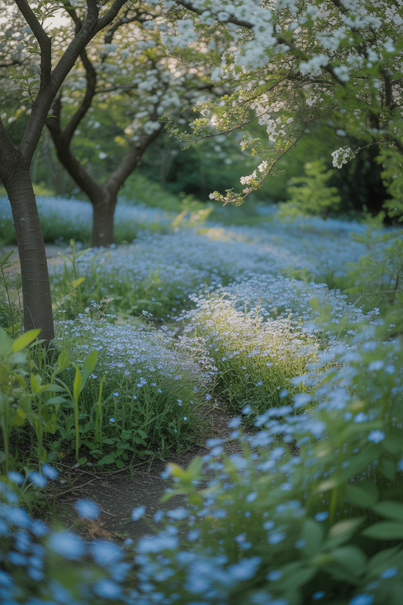 Tiny blue forget-me-not flowers in a romantic spring garden