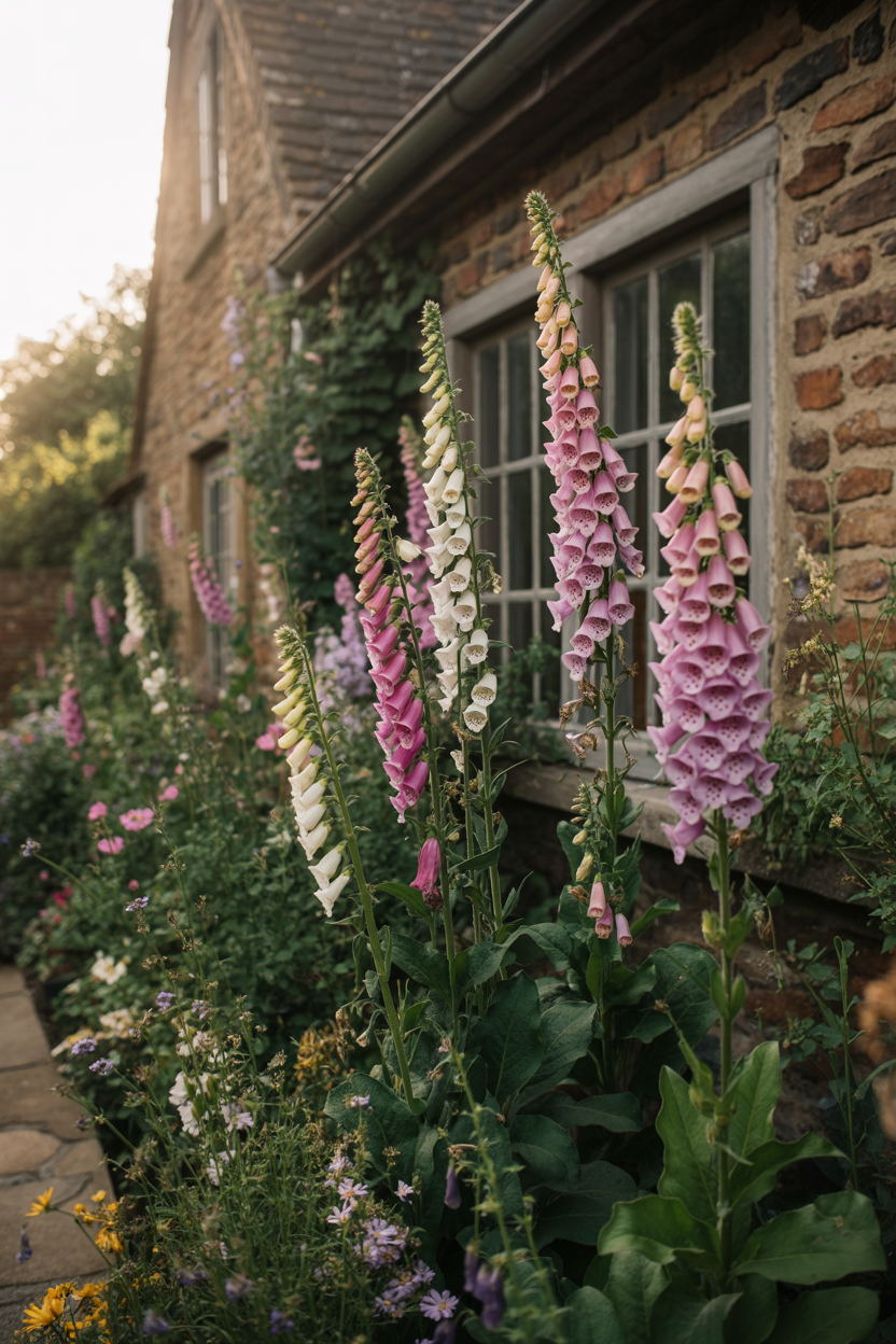 Tall pink foxglove flowers in an English cottage garden