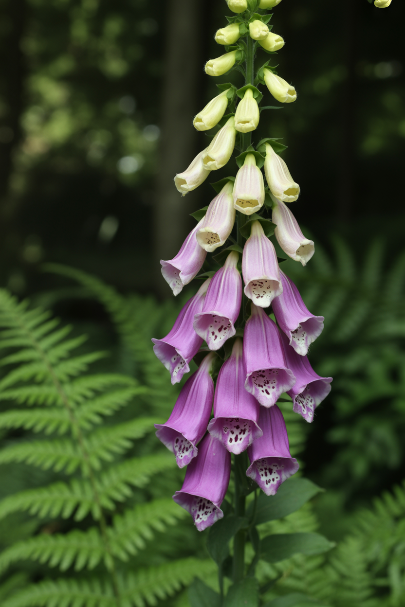 Purple foxglove flowers with spotted interiors growing in a shaded cottage garden border