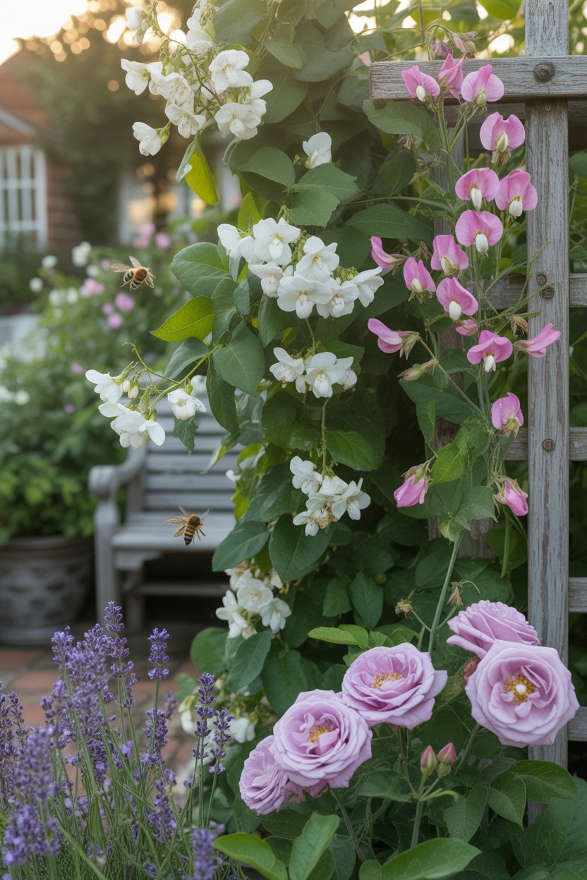 fragrant-cottage-border-sensory-gardennt cottage garden border with jasmine, sweet peas, lavender, and scented roses for sensory experience