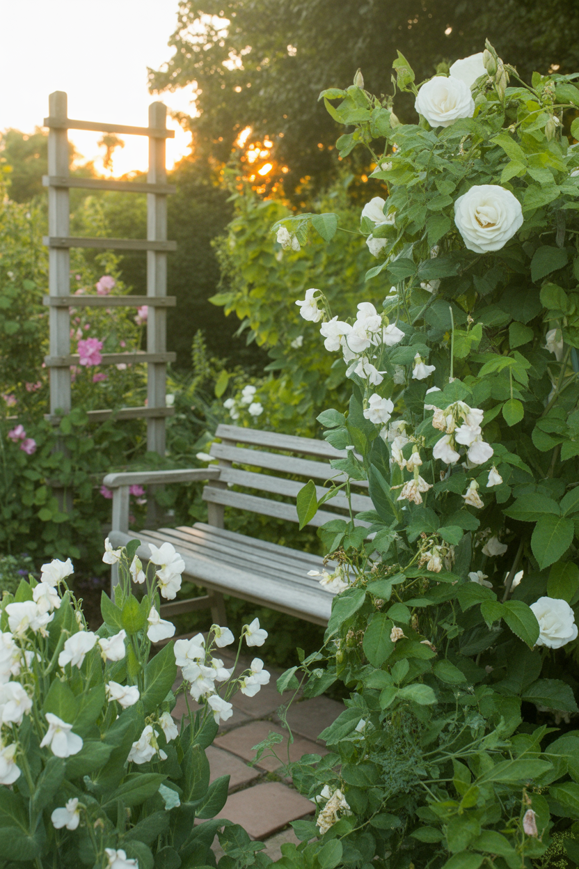 Fragrant white cottage garden with jasmine, sweet peas, and white roses near a garden seating area