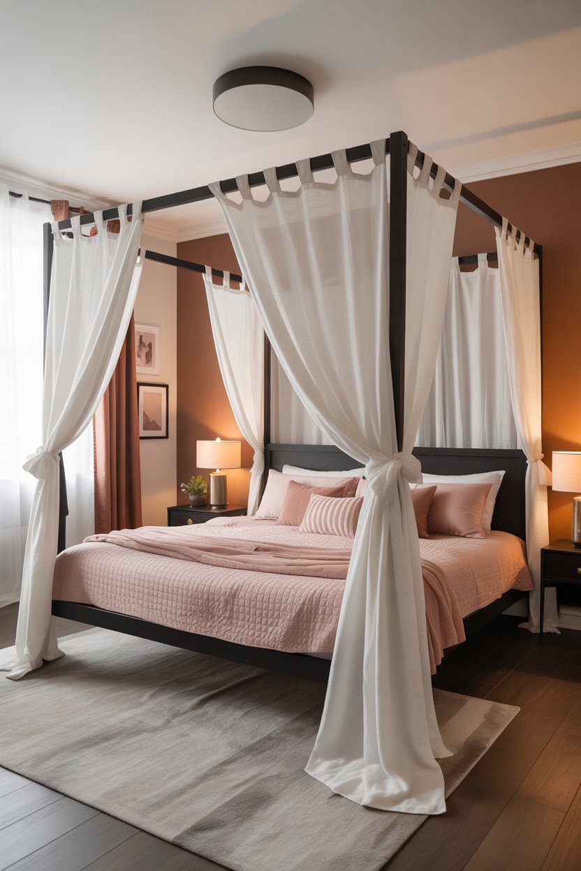 Freestanding canopy bed frame with curtains requiring no wall installation
