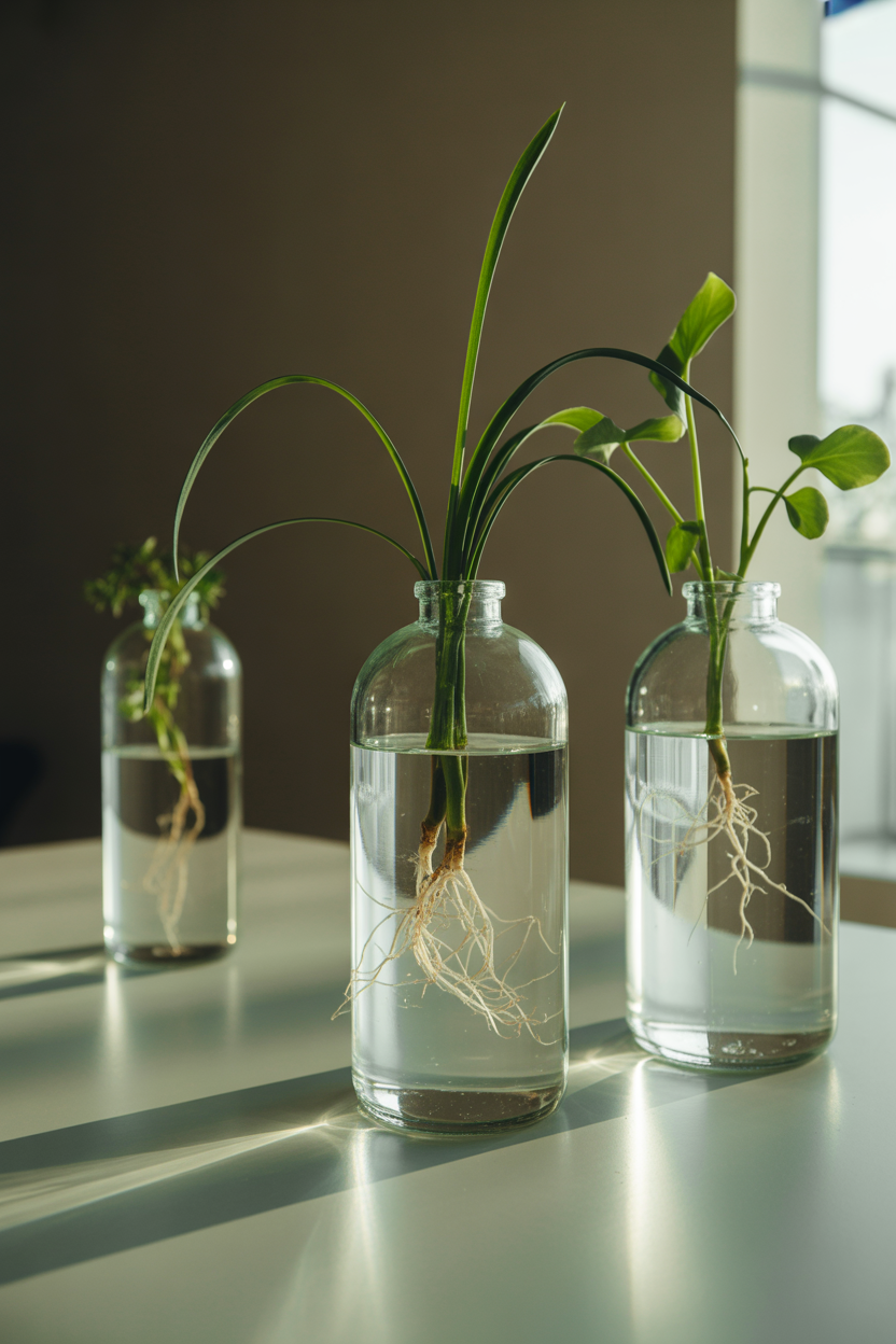 Minimal hydroponic plants growing in glass bottles with visible roots