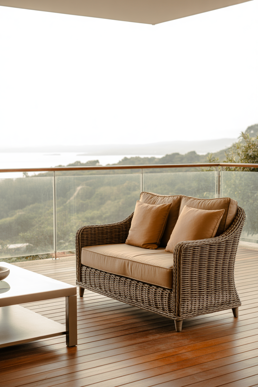 Modern house balcony with frameless glass railings and a green view, white rattan furniture, and natural light