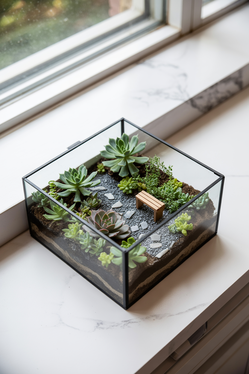 Indoor fairy garden in a glass terrarium with succulents and miniature decorations on a marble surface