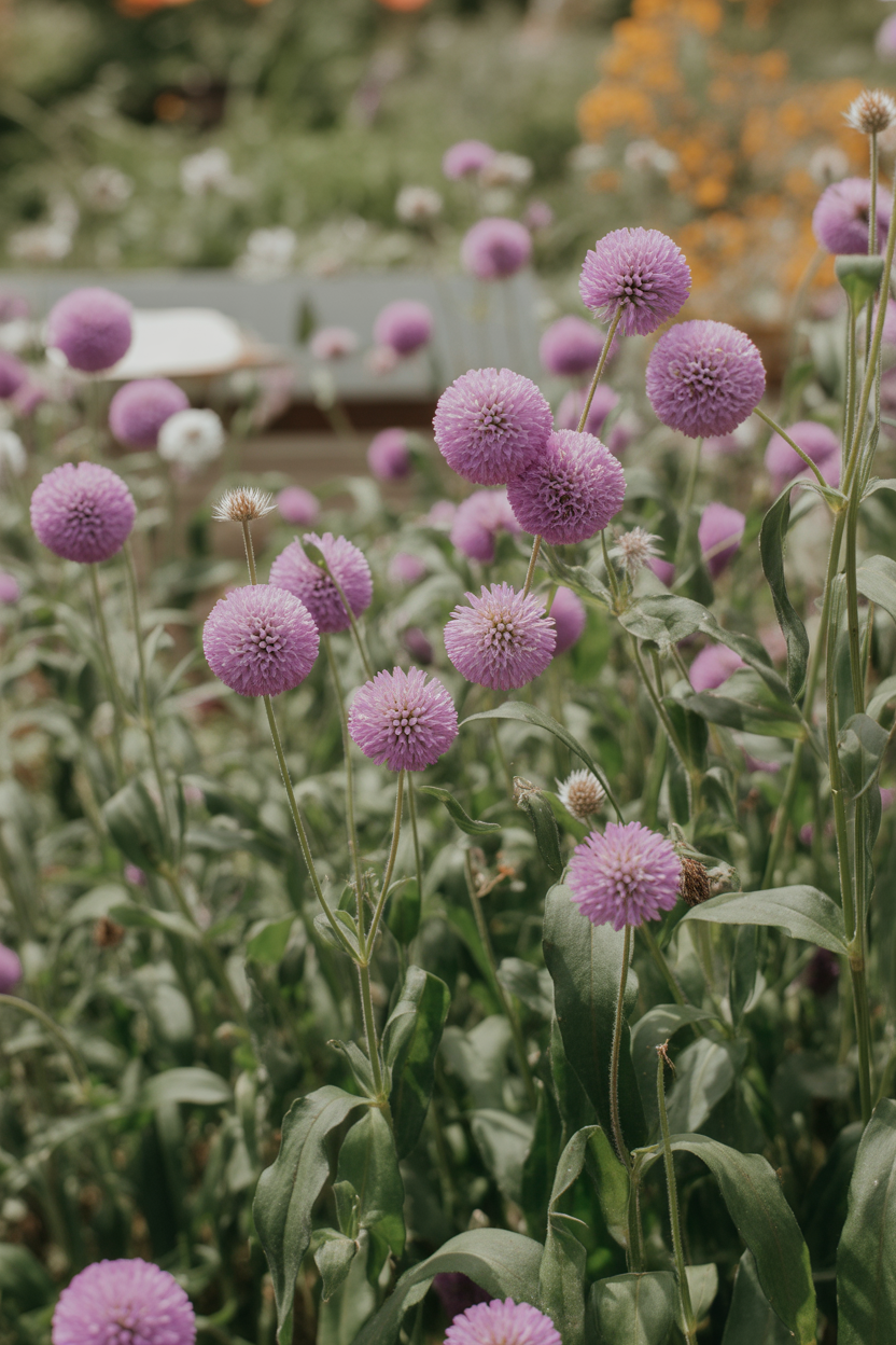 Gomphrena flowers thriving in a hot summer garden