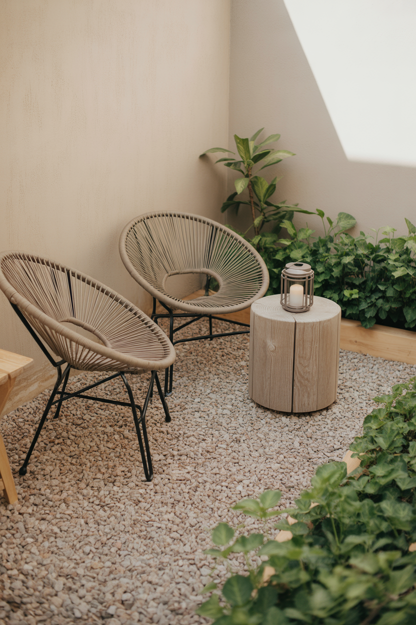 Budget-friendly pea gravel garden lounge corner with rattan chairs and green plant border