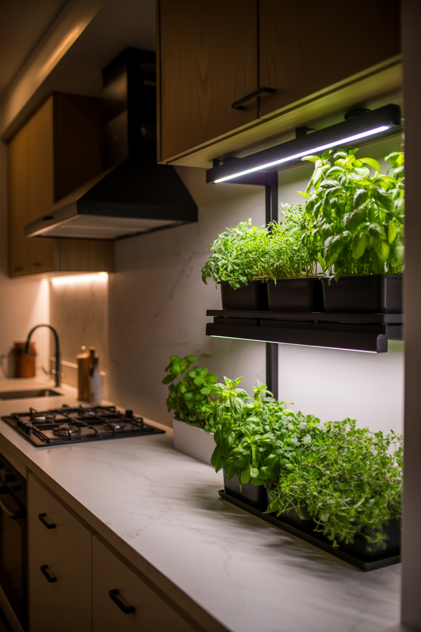 Indoor herb garden under LED grow lights on kitchen shelf — basil, mint, and cilantro growing without sunlight