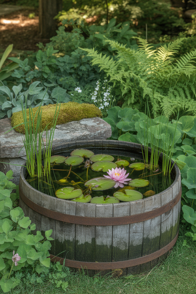 Half-barrel mini garden pond with water lily and aquatic plants attracting wildlife