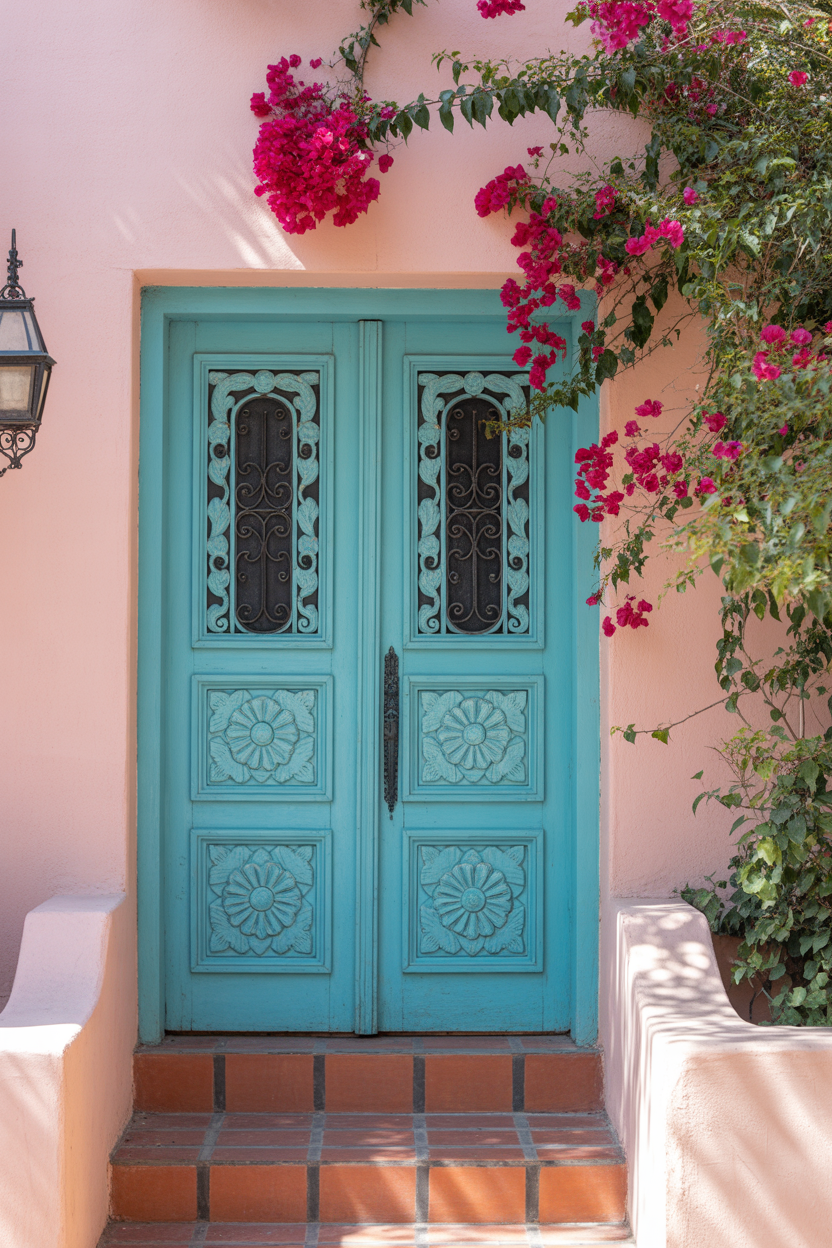 Vibrant turquoise hand-carved Mexican colonial wooden door with wrought iron hardware and bougainvillea on stucco wall