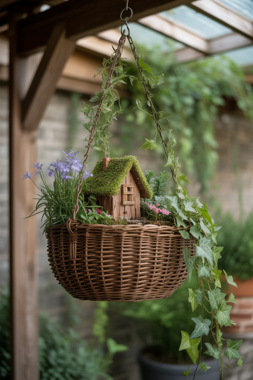 A deep hanging basket styled as a fairy garden with a tiny cottage inside and trailing plants cascading down the sides