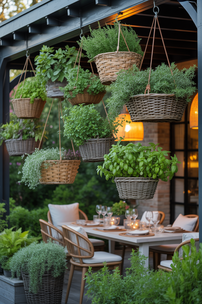 Cascading hanging herb basket display at varied heights with trailing oregano and thyme on covered porch