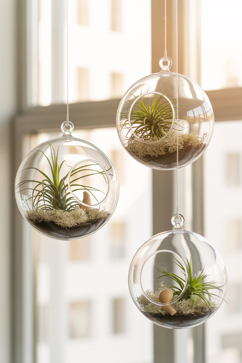 Hanging glass globe terrarium fairy gardens with air plants near the window