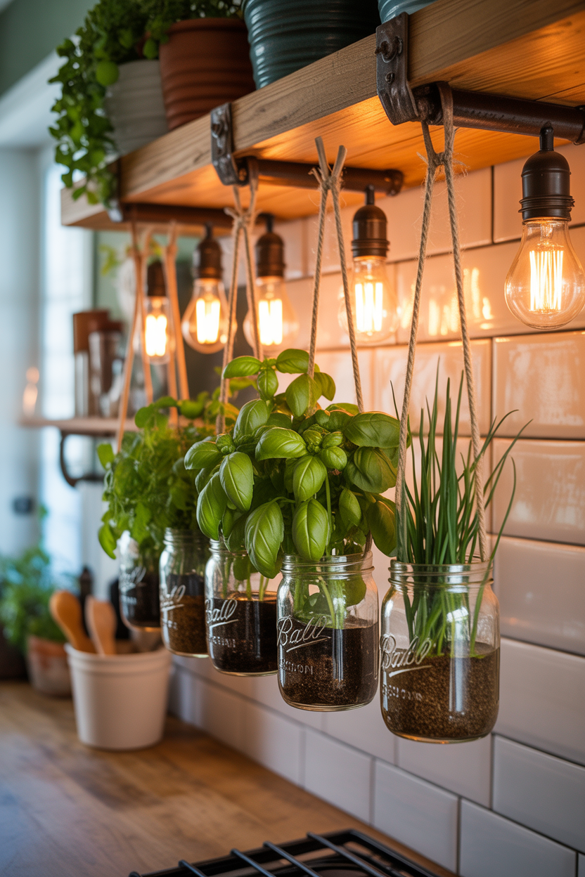DIY hanging mason jar herb garden on reclaimed wood board in rustic farmhouse kitchen