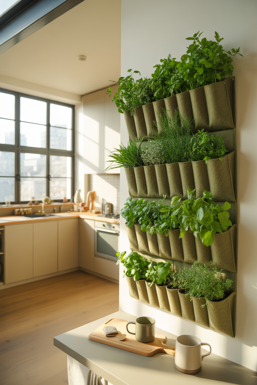 Felt pocket planter vertical herb garden mounted on apartment wall with fresh parsley and mint growing in individual pockets