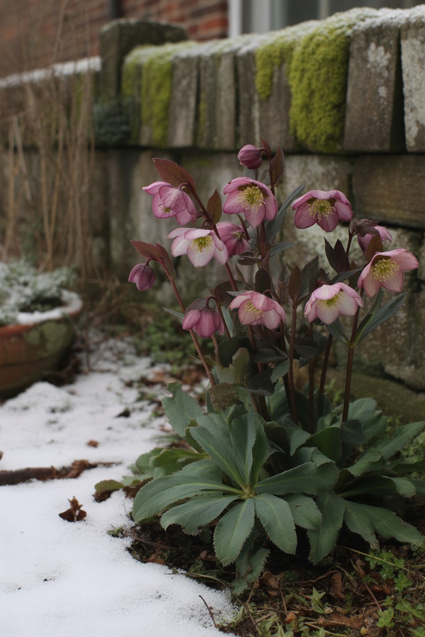 Deep plum and pink hellebore flowers blooming in a shaded winter cottage garden with a stone wall backdrop