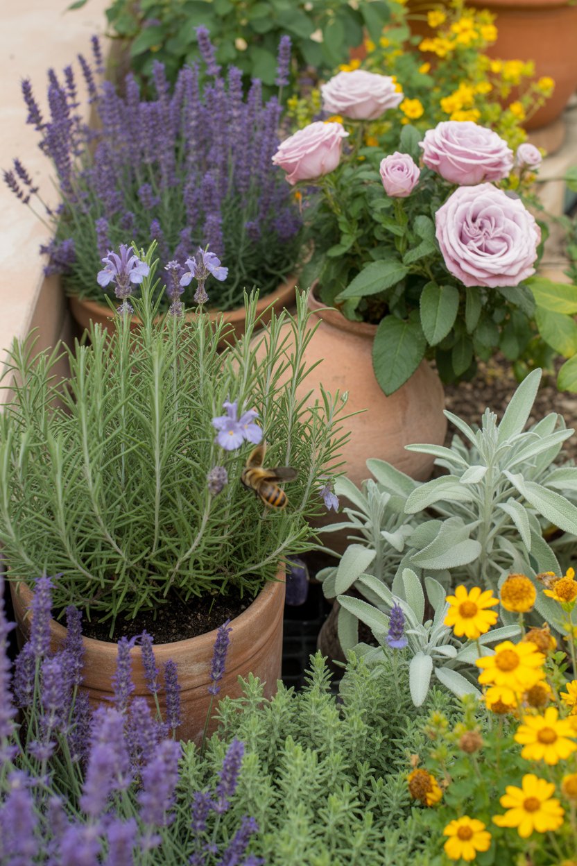 Mixed cottage garden border combining herbs and flowers, including lavender, rosemary, roses, and sage