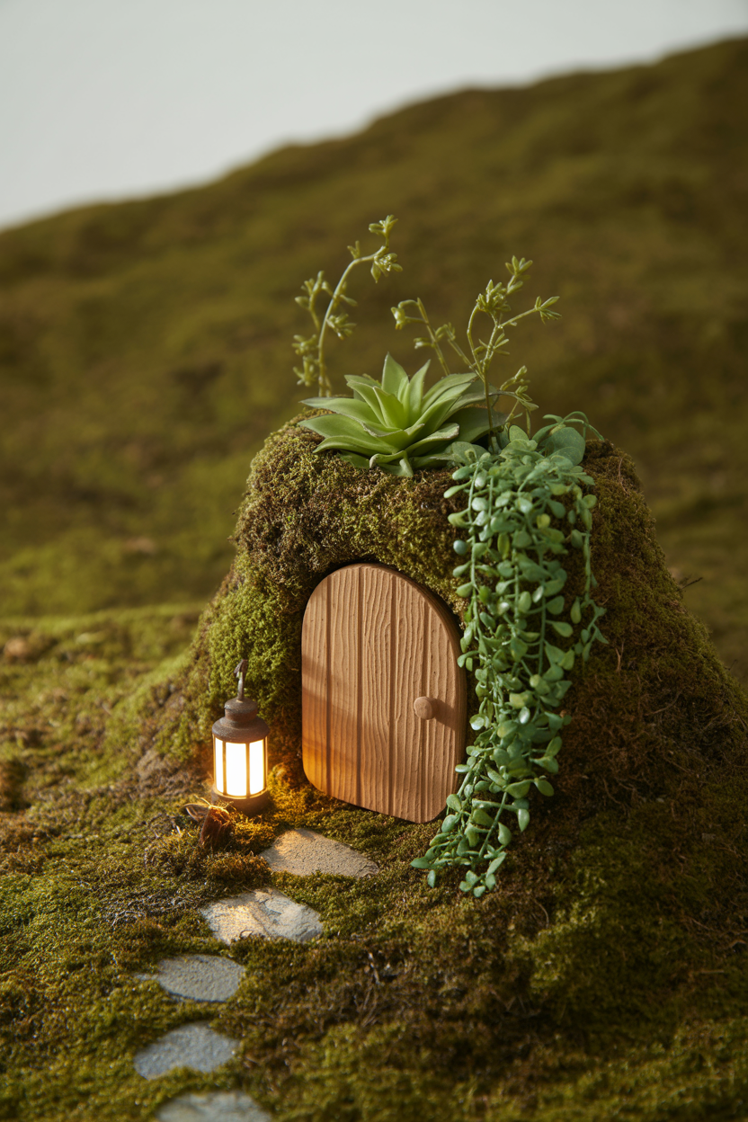 Hobbit hole fairy garden with a round door built into a moss-covered hillside with miniature accessories