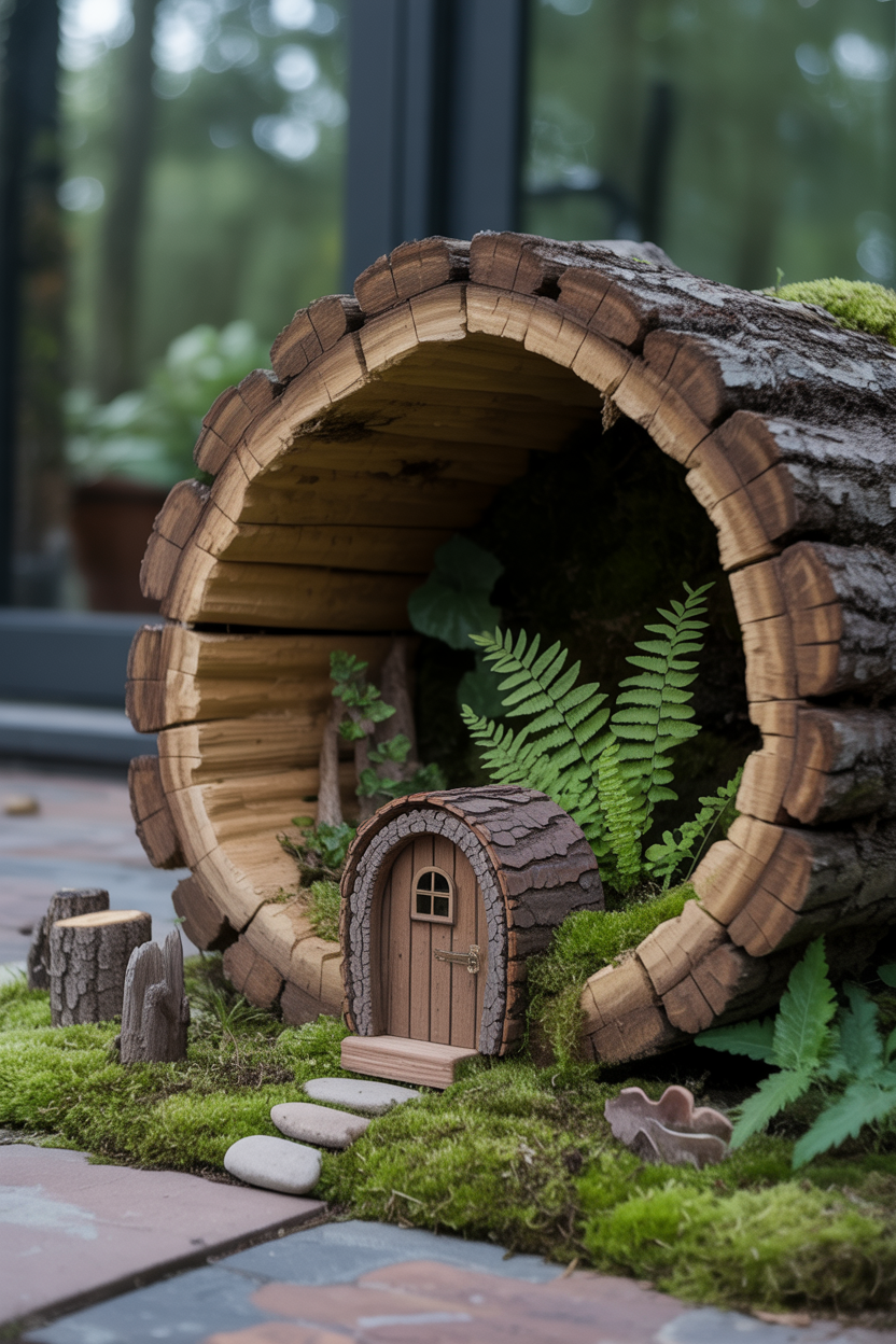 Hollowed log fairy home with moss ferns and a tiny door on a natural outdoor patio garden