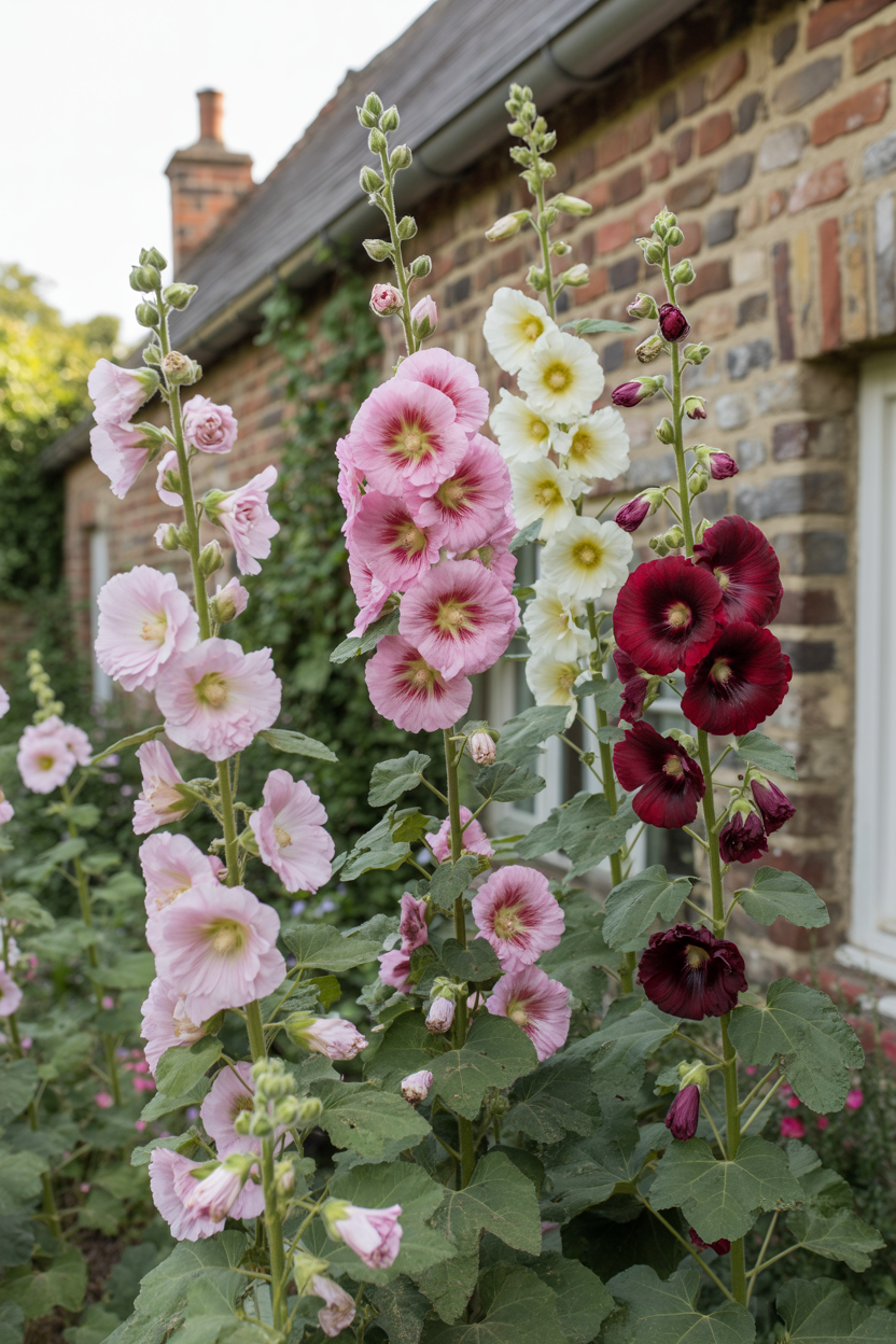 Tall hollyhock flowers beside a charming cottage house