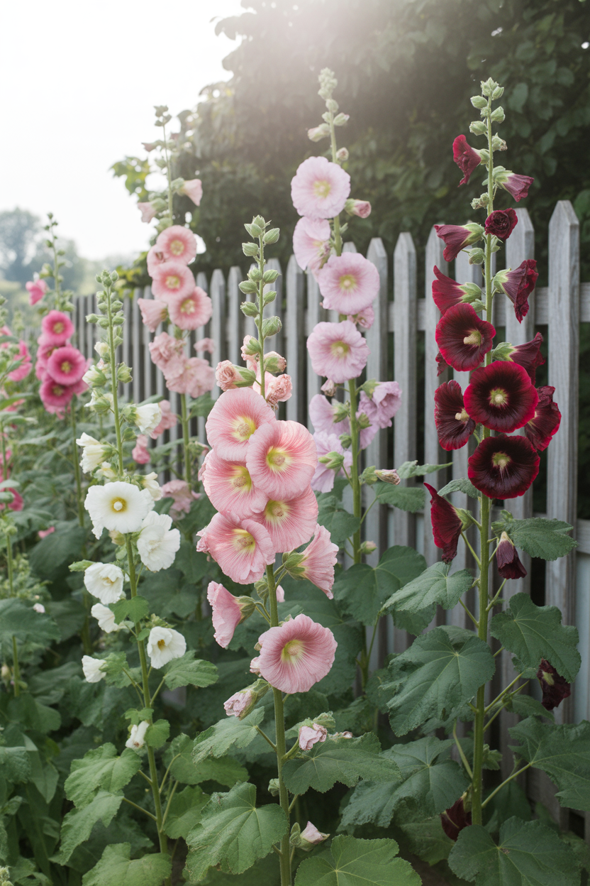 Tall hollyhock flowers in pink and burgundy growing along a cottage garden fence in soft morning light