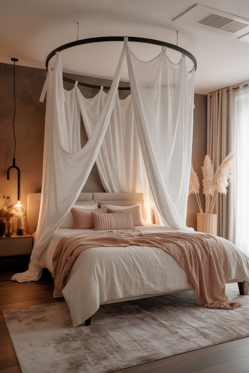 Circular hoop canopy bed idea suspended from the ceiling in a stylish bedroom